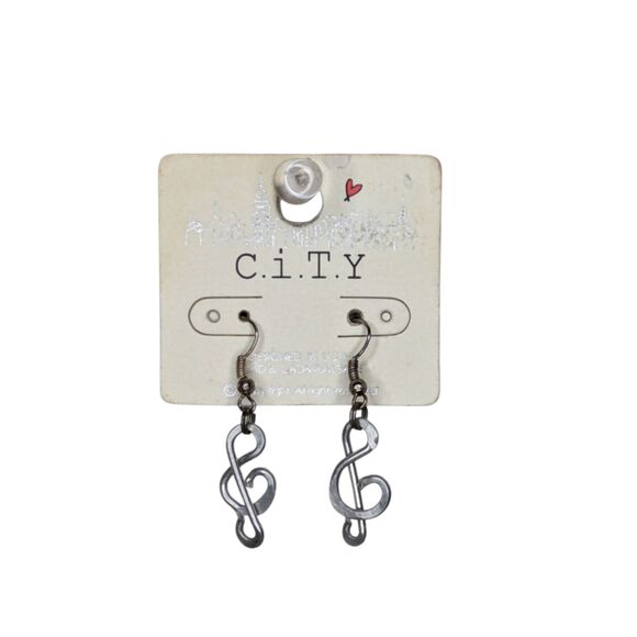 NEW Treble Clef Music Note Earrings Unique Faux Silver - Picture 1 of 4